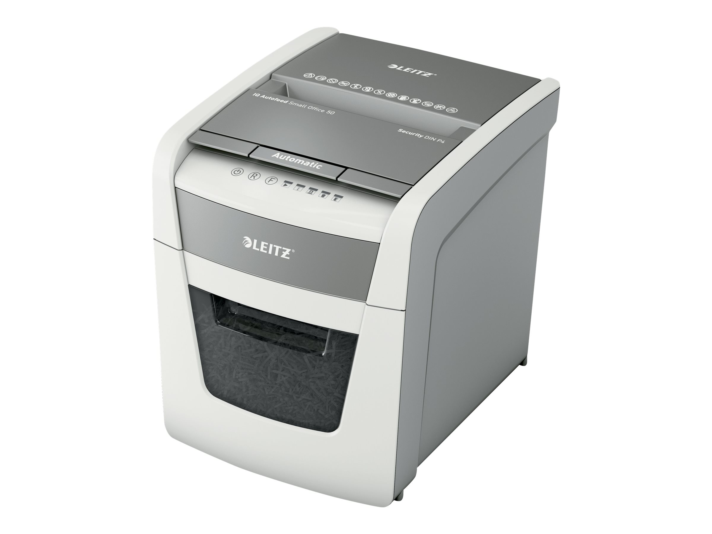 LEITZ IQ Autofeed Small Office 50 Aktenvernichter mit Partikelschnitt P-4, 4 x 28 mm, bis 50 Blatt, weiss