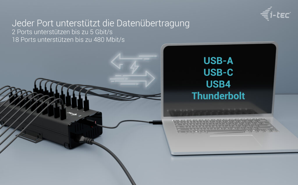 ITEC USBCUSBA Metal ChargingData HUB 15W pro Port 20x USBC integriertes Netzteil 360W