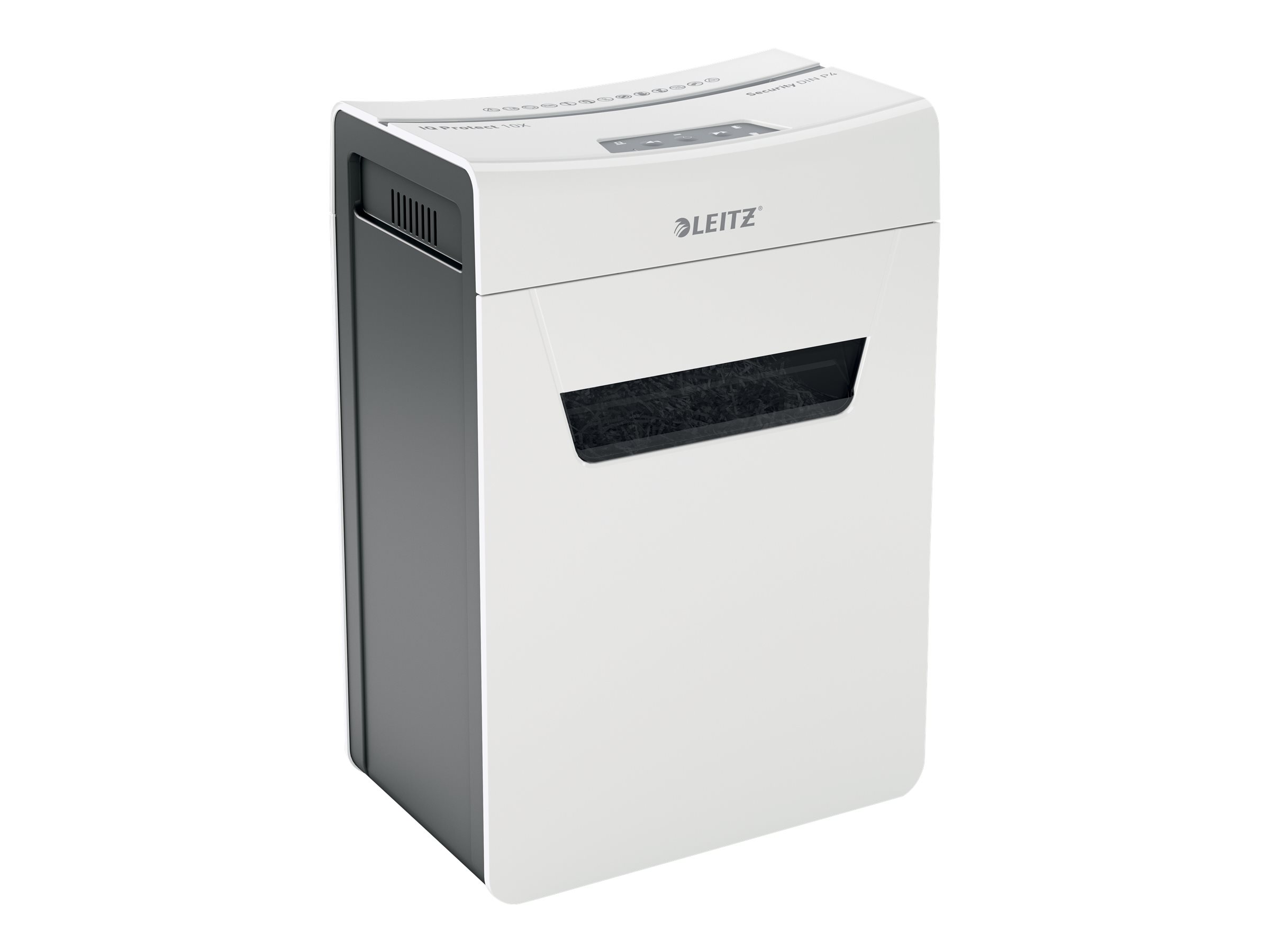 LEITZ IQ 10X Protect Premium Aktenvernichter mit Partikelschnitt P-4, 4 x 40 mm, bis 10 Blatt, weiss