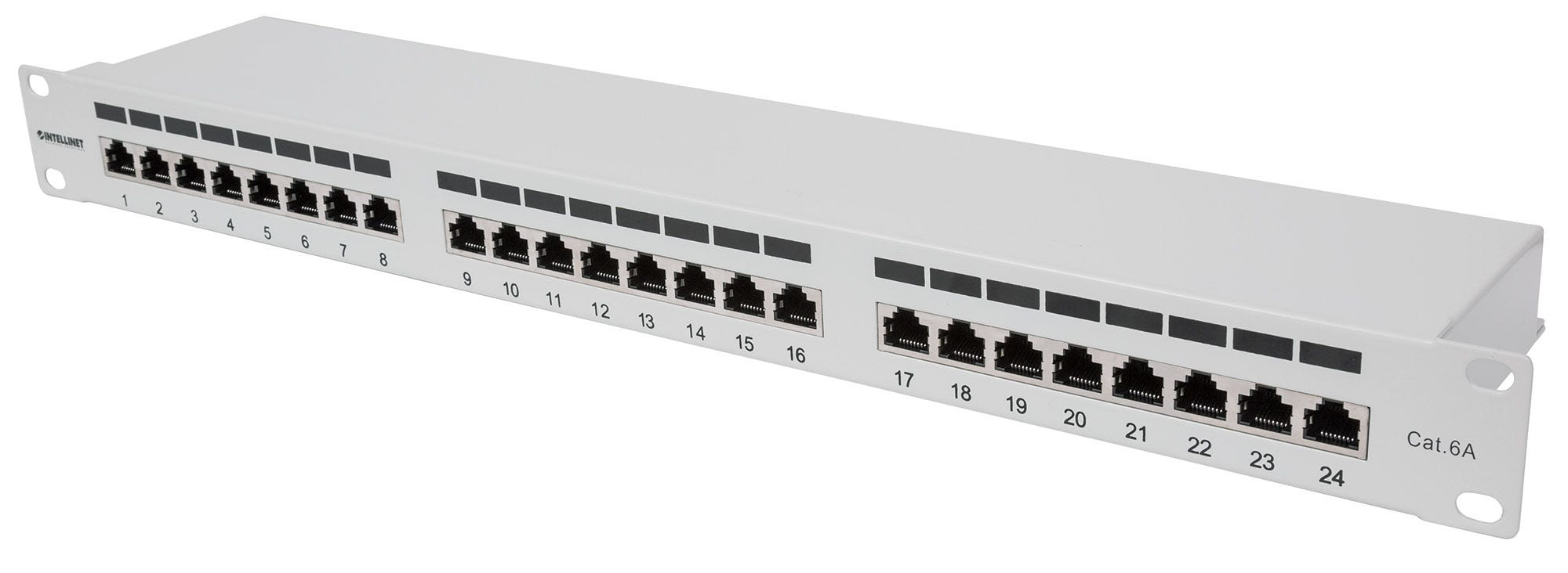 INTELLINET 24Port Cat6a Patchpanel geschirmt 24 Ports FTP 1 HE Klemmleisten mit 90 Grad abgewinkelten Kabeleinfuehrungen grau
