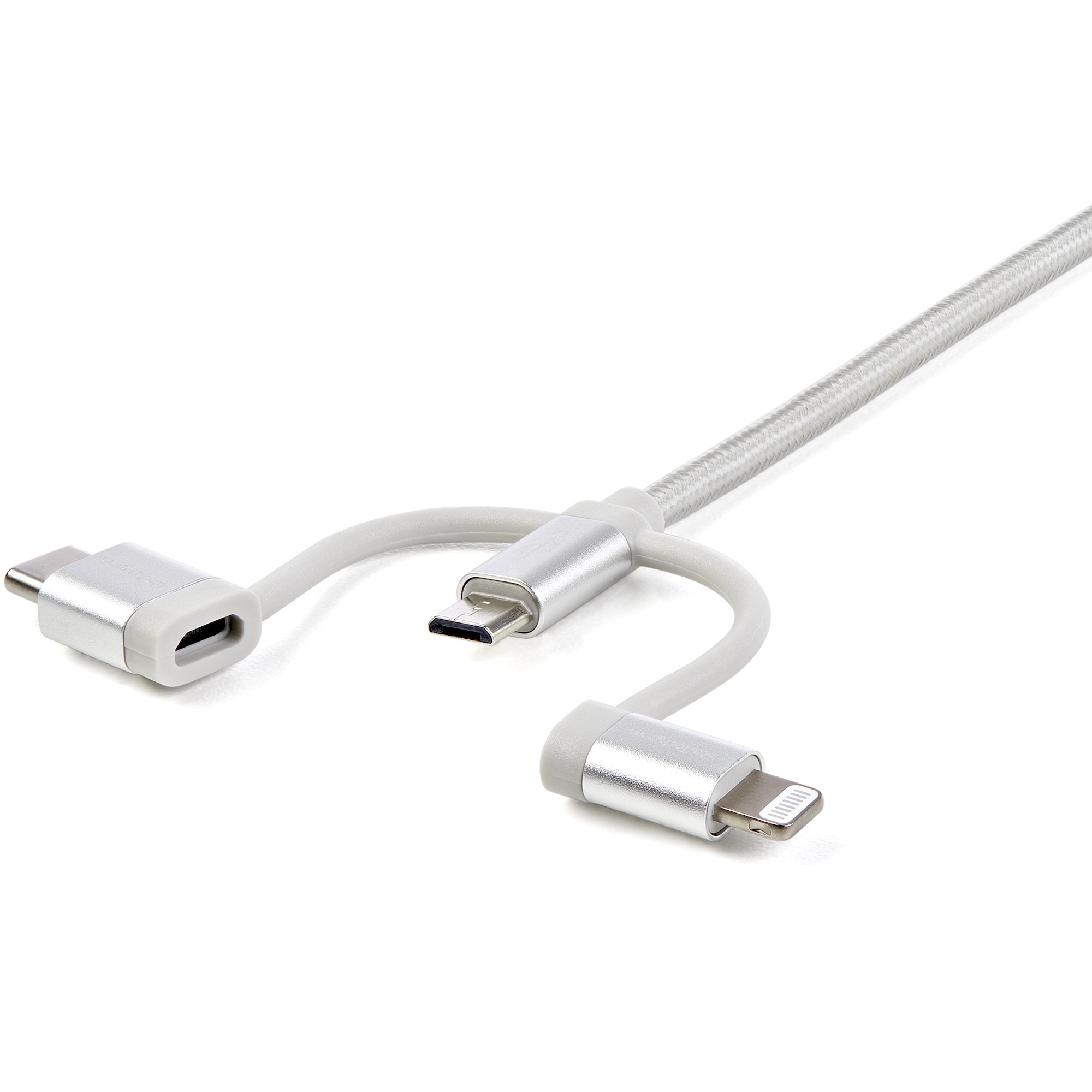 STARTECHCOM USB Lightning Kabel USBC MicroB Laddekabel 1m geflochten Silber USB auf Lightning Kabel USB zu USB C