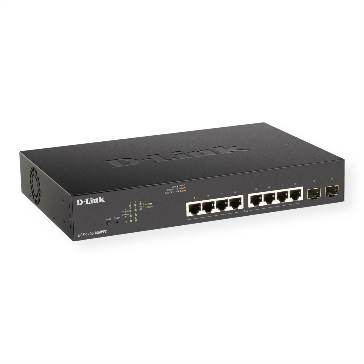 D-LINK DGS-1100-10MPV2/E 10-Port Layer2 PoE+ Gigabit Smart Switch 8x 10/100/1000 PoE 2x 1000 Mbit/s SFP