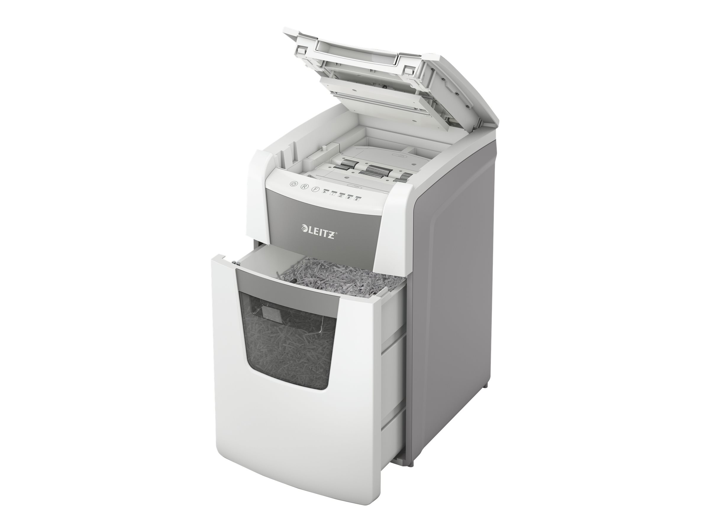 AKTION LEITZ IQ Autofeed Small Office 150 Aktenvernichter mit Partikelschnitt P4, 4 x 28 mm, bis 150 Blatt, weiss mit 50 Euro CashBack