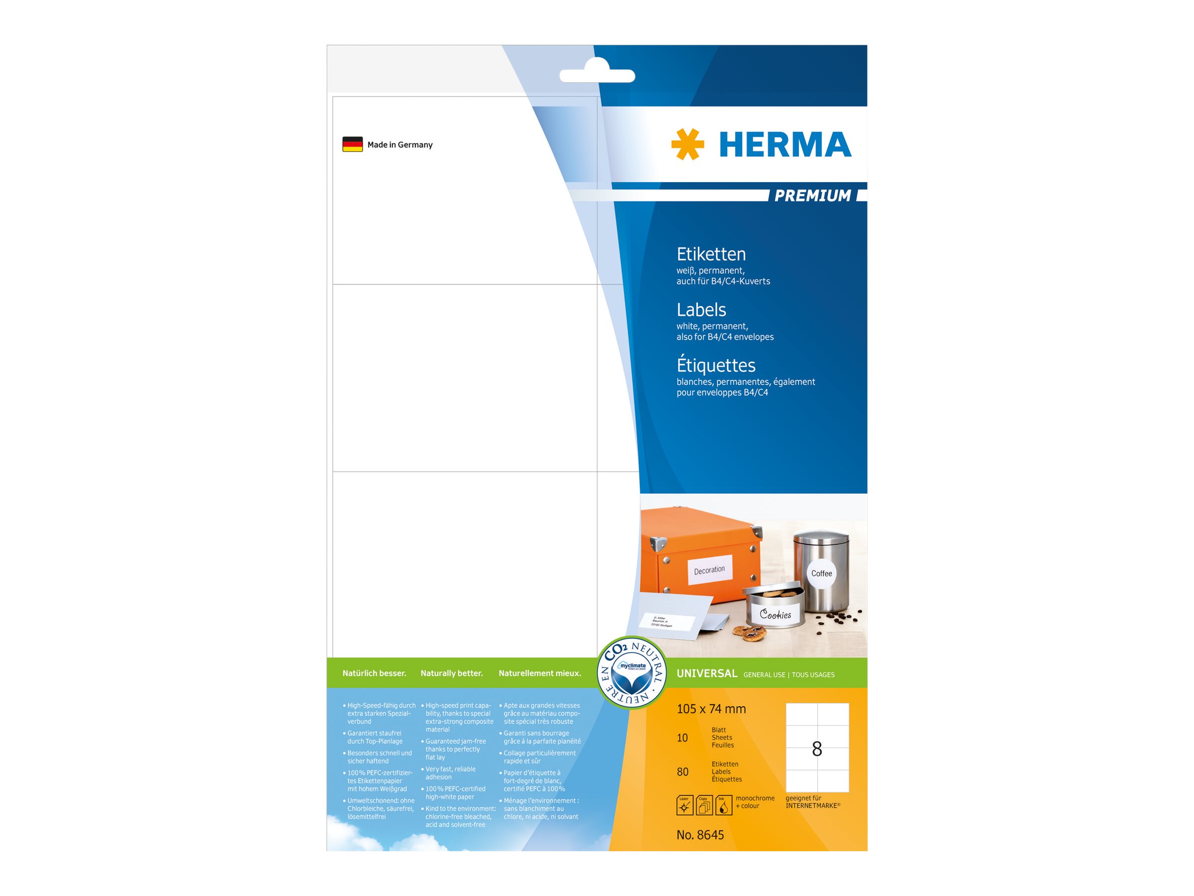 80 HERMA Etiketten 8645 weiÃ 105,0 x 74,0 mm