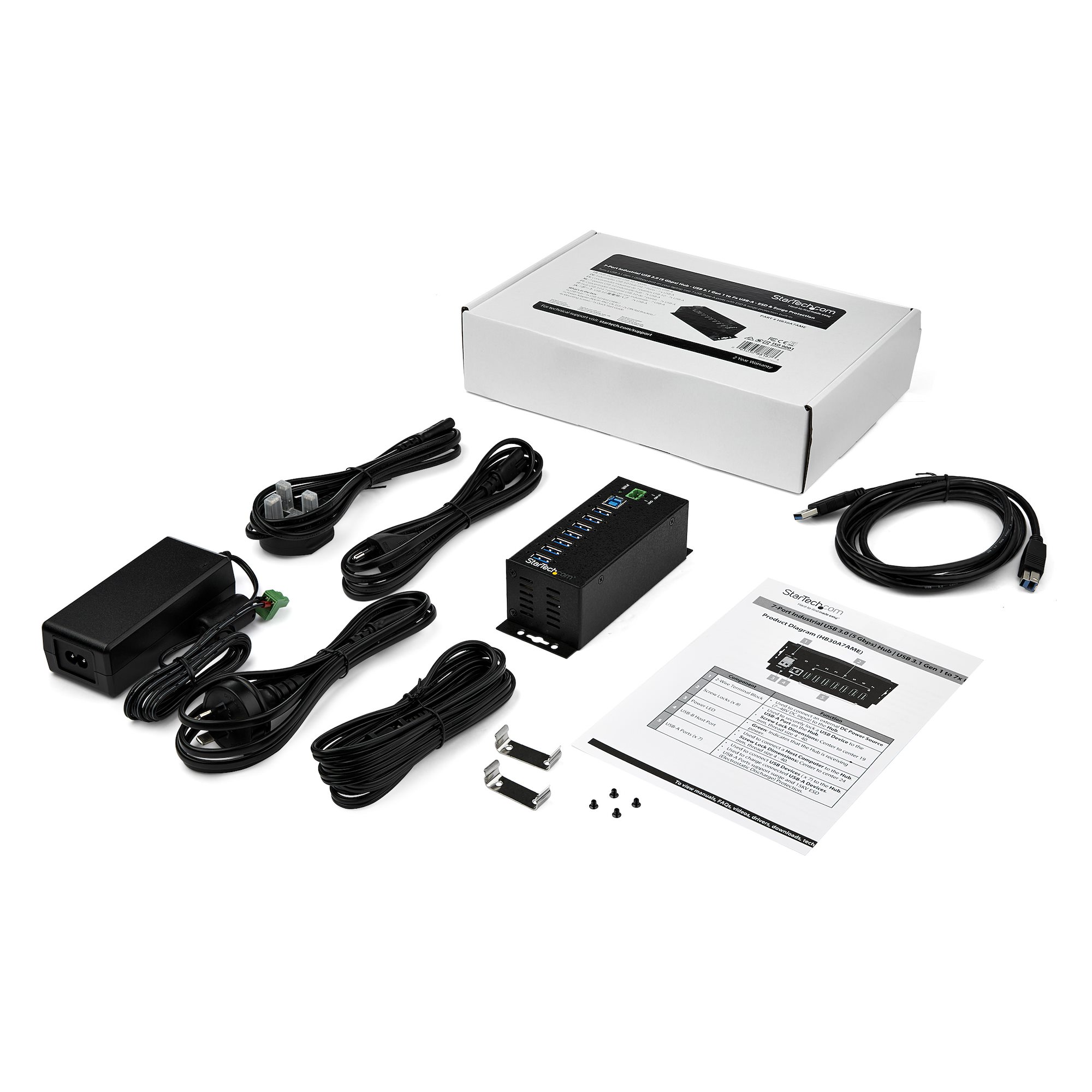 STARTECHCOM 7Port Industrial USB 30 Hub with External Power Adapter ESD and 350W Surge Protection HB30A7AME