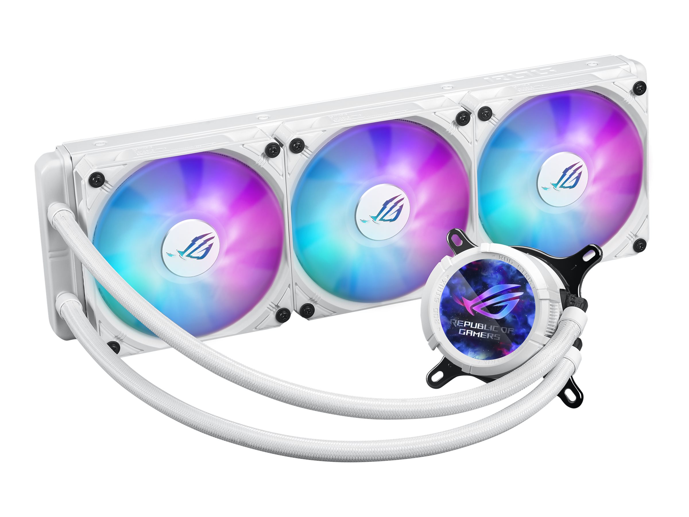 ASUS ROG Strix LC III ARGB LCD WHT allinone CPU liquid cooler with 21 IPS LCD Aseteks new Gen7 v2 pump and premium ROG ARGB fans