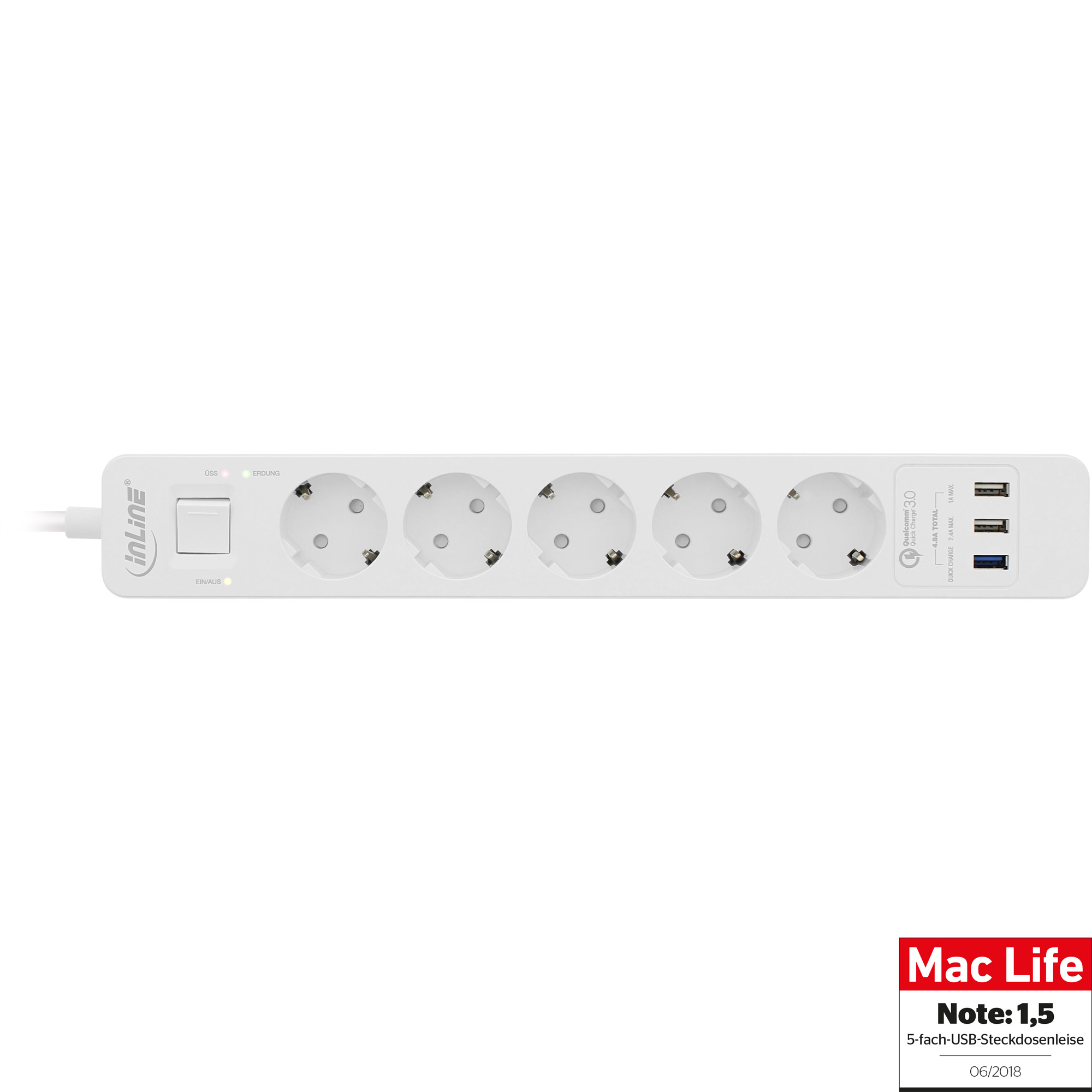 INLINE Steckdosenleiste 5fach Schutzkontakt mit Ueberspannungsschutz und USB QuickCharge Schalter 1,5m weiss