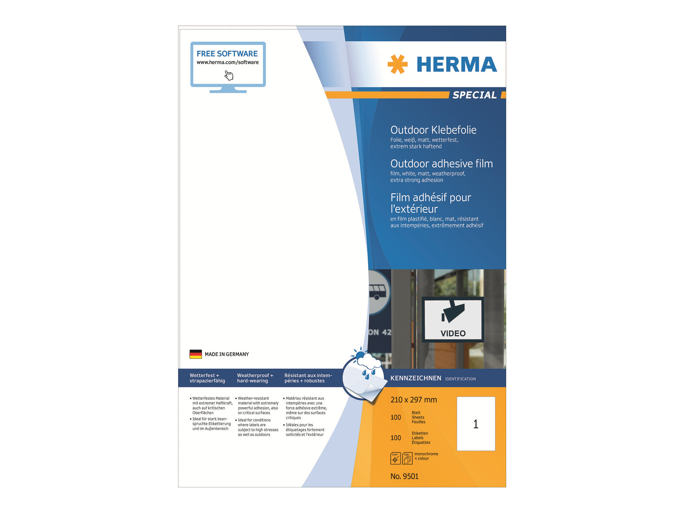 HERMA FolienKraftklebeEtiketten 9501 weiß 210,0 x 297,0 mm, 50 Blatt
