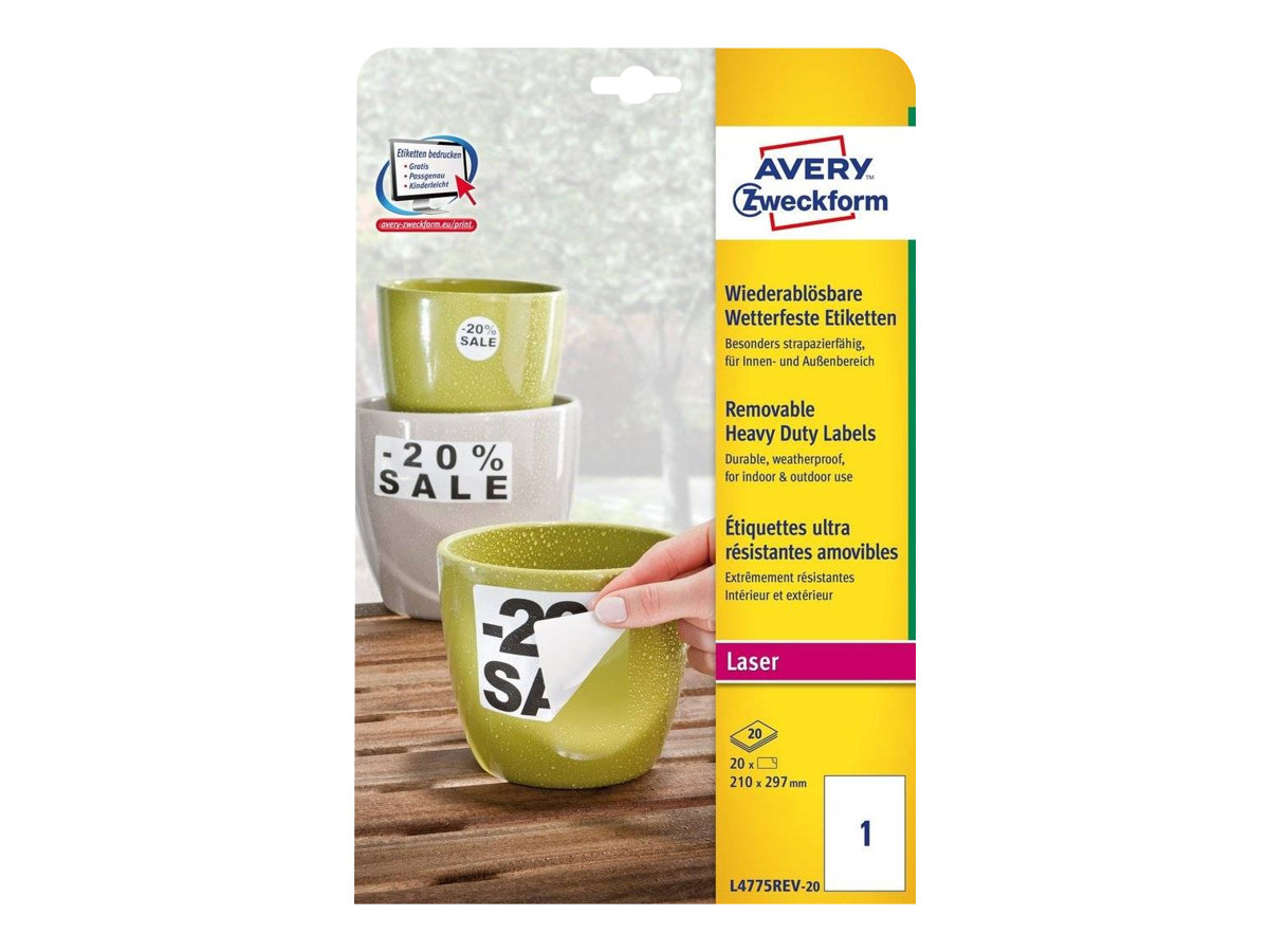 20 AVERY Zweckform wetterfeste Folienetiketten L4775REV-20 weiss 210,0 x 297,0 mm