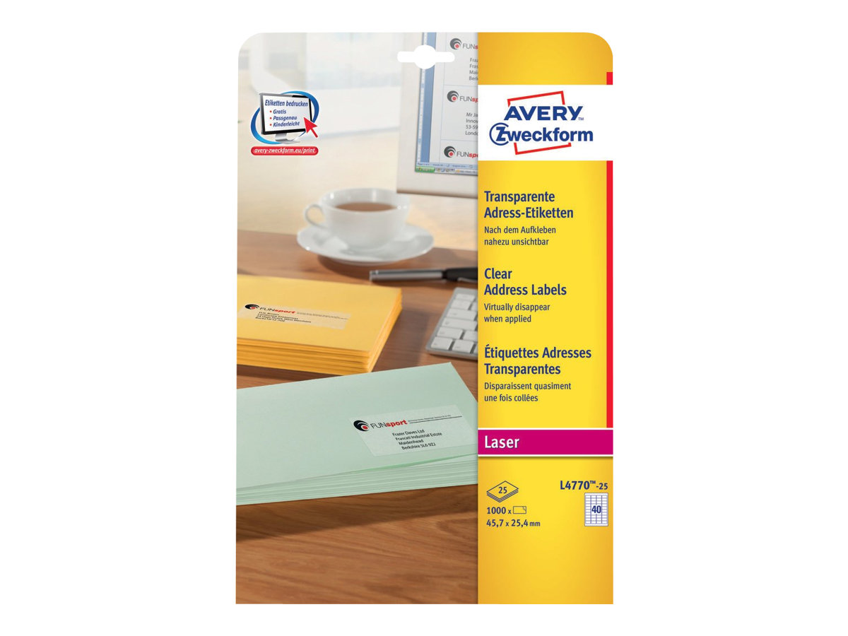1.000 AVERY Zweckform Folien-Adressetiketten L4770-25 transparent 45,7 x 25,4 mm 1.000 AVERY Zweckform Folien-Adressetiketten L4770-25 transparent 45,7 x 25,4 mm