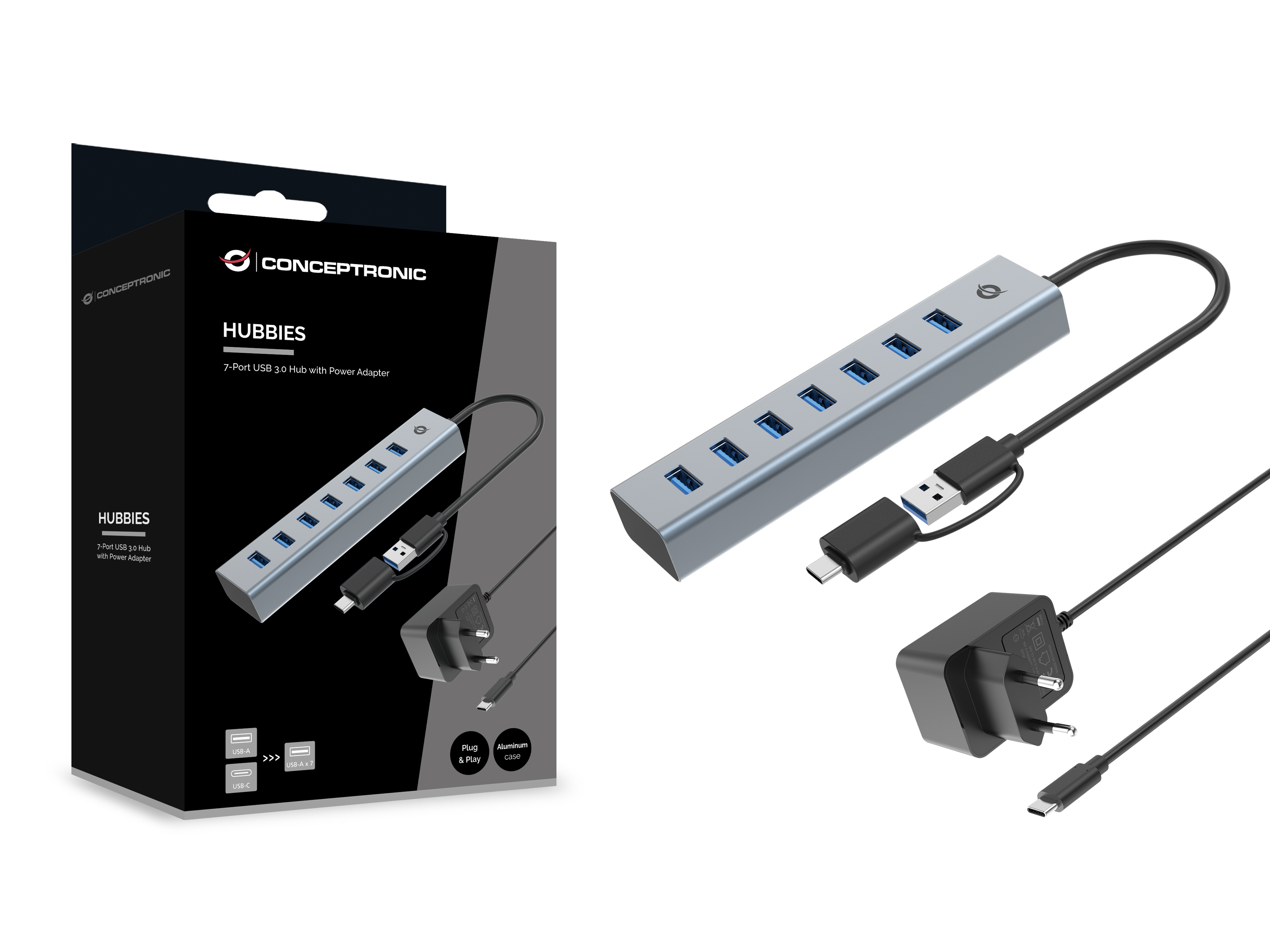 CONCEPTRONIC 7Port Hub USBA30C Adap7xA30 mNetz gr