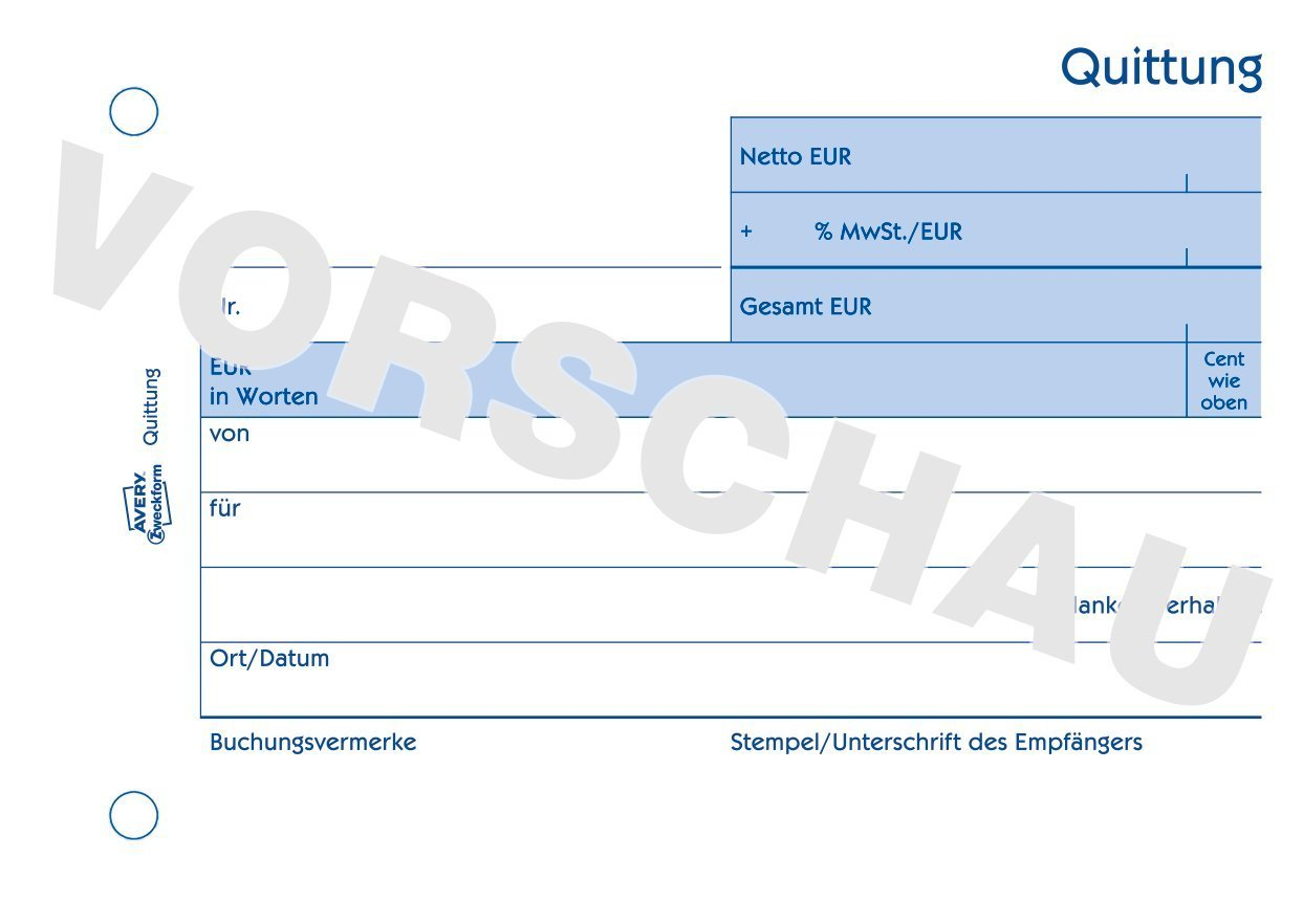 AVERY Zweckform Quittung, MwSt. separat ausgewiesen Formularbuch 1250 AVERY Zweckform Quittung, MwSt. separat ausgewiesen Formularbuch 1250