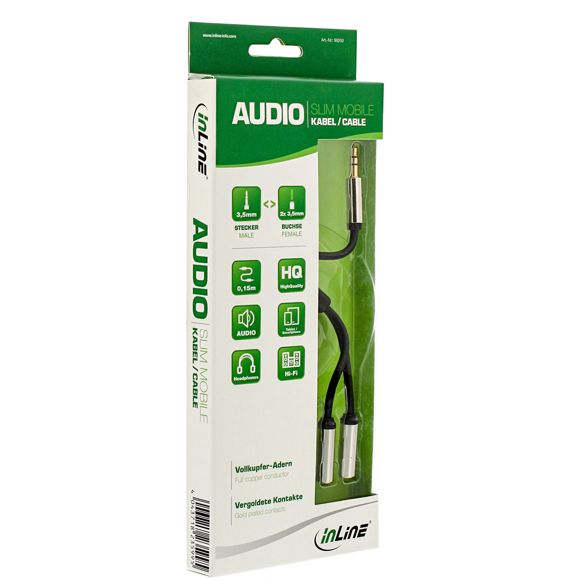 INLINE Slim Audio Y-Kabel Klinke 3.5mm Stecker an 2x Klinke Buchse