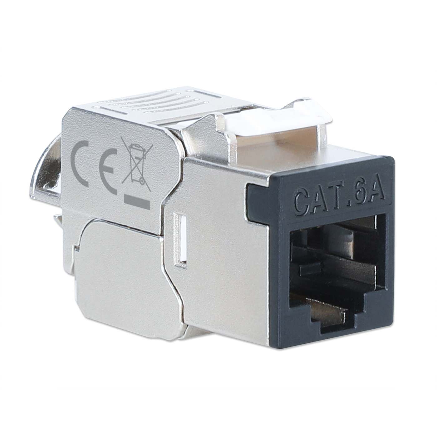 INTELLINET Cat6a 10G Slimline KeystoneModul STP werkzeuglos mit Rastclip fuer Massivdraht vergoldete Kontakte Metallgehaeuse schwarz