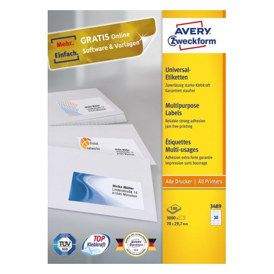 3.000 AVERY Zweckform Etiketten 3489 weiss 70,0 x 29,7 mm