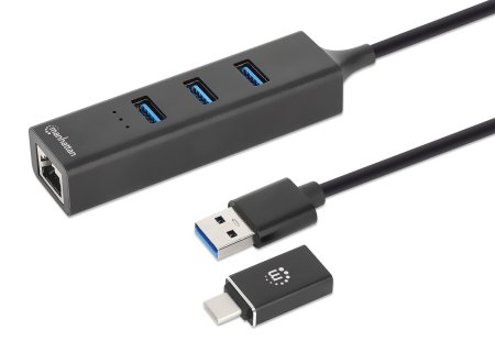 MANHATTAN 3Port USB 30 TypC TypA KomboHub mit GigabitNetzwerkadapter 5Gbits SuperSpeed USB Stromversorgung über USB schwarz