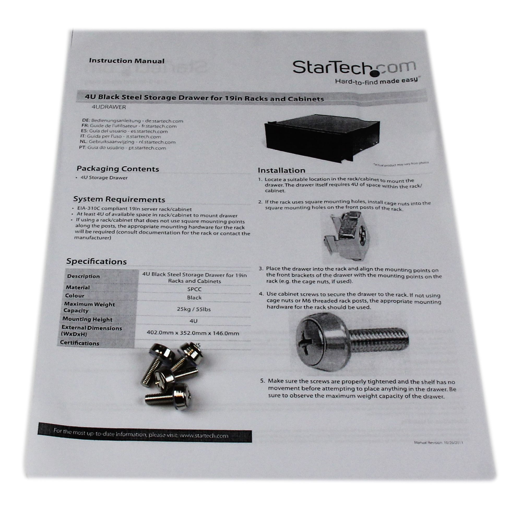 STARTECHCOM 4HE Rackschublade aus Stahlblech in Schwarz Schublade fUer 19 Zoll Rack oder Serverschrank