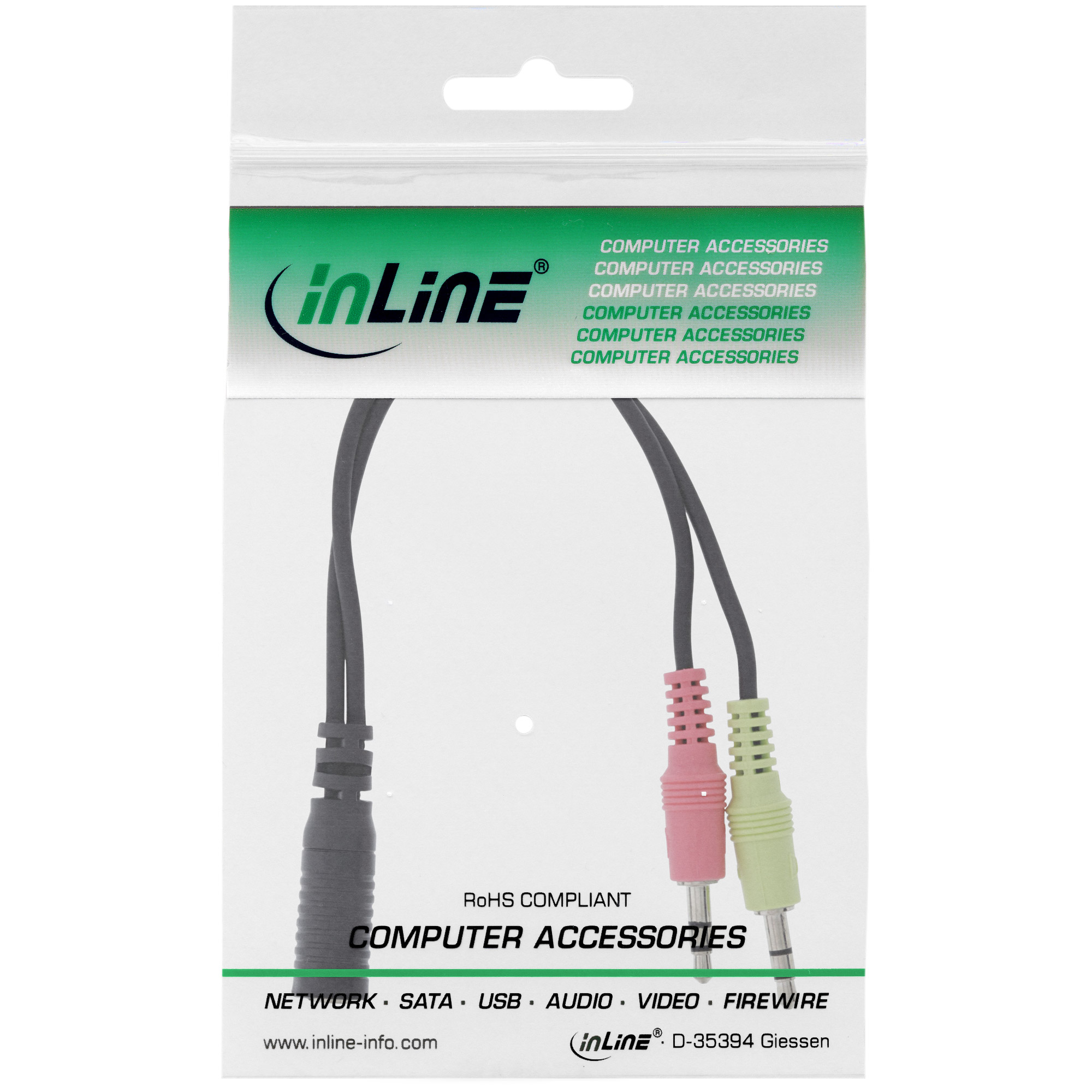 INLINE Audio Headset Adapterkabel 2x 3.5mm Klinke Stecker an 3.5mm Klinke Buchse 4pol. CTIA 0.15m