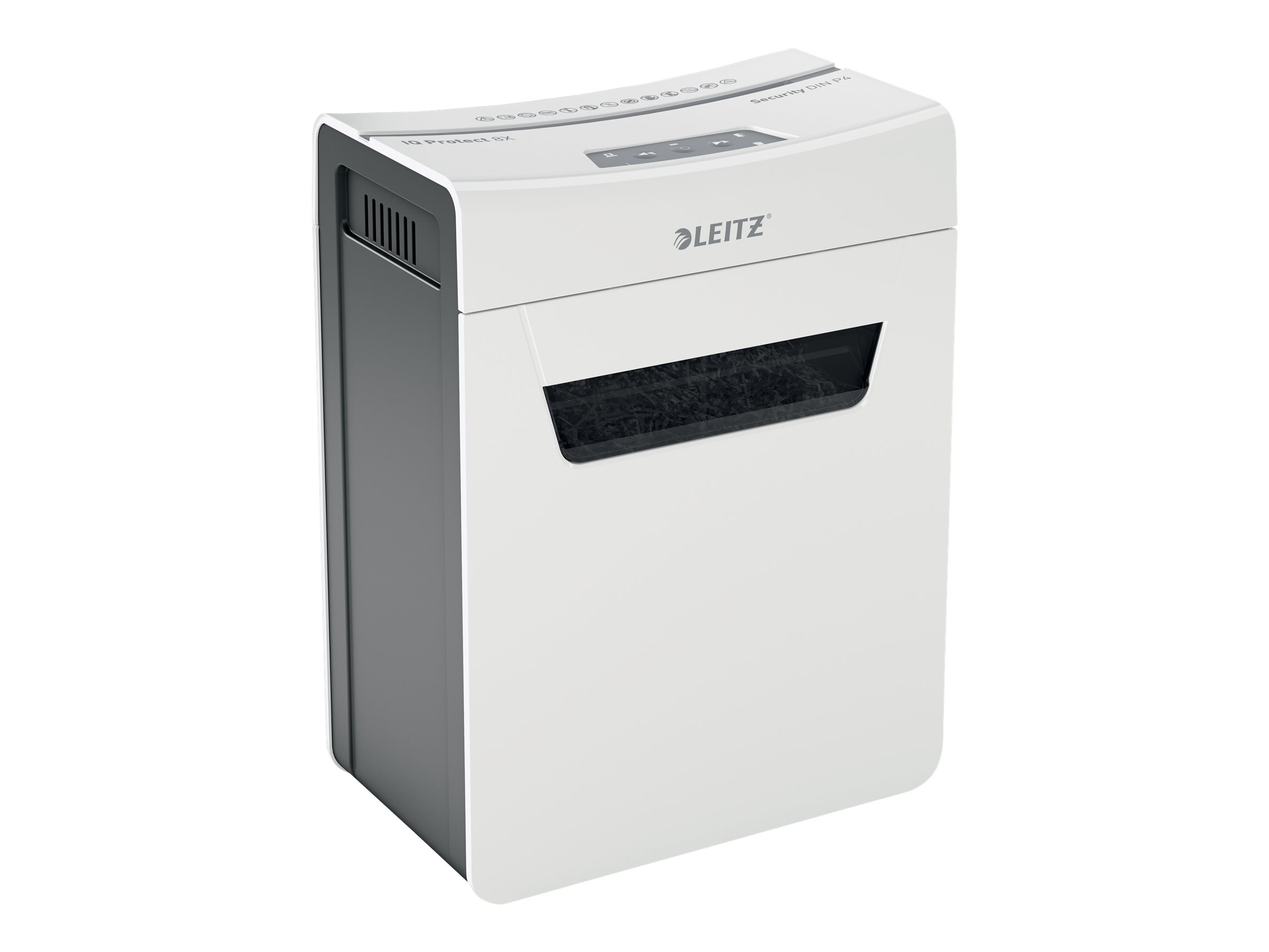 LEITZ IQ 8X Protect Premium Aktenvernichter mit Partikelschnitt P-4, 4 x 40 mm, bis 8 Blatt, weiss