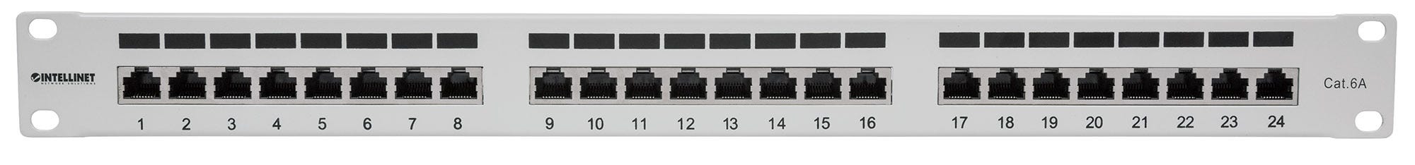 INTELLINET 24Port Cat6a Patchpanel geschirmt 24 Ports FTP 1 HE Klemmleisten mit 90 Grad abgewinkelten Kabeleinfuehrungen grau