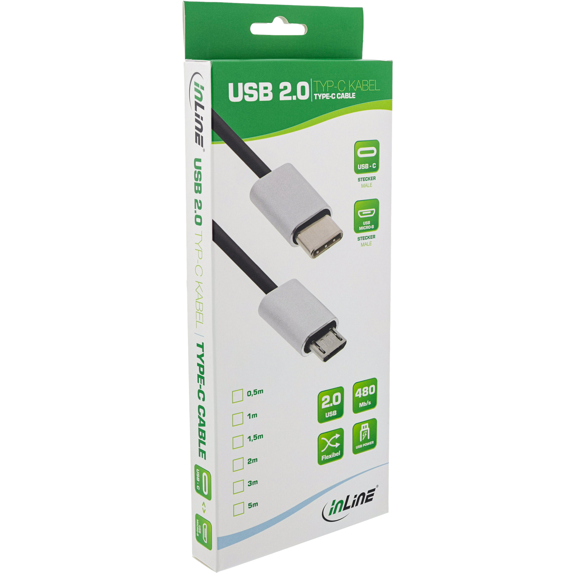 INLINE USB 2.0 Kabel Typ C Stecker an Micro-B Stecker schwarz, Alu flexibel 0,5m
