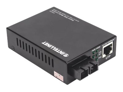 INTELLINET Gigabit PoE+ Medienkonverter 1000Base-T RJ45-Port auf 1000Base-LX SC Singlemode 20 km PoE+ Injektor