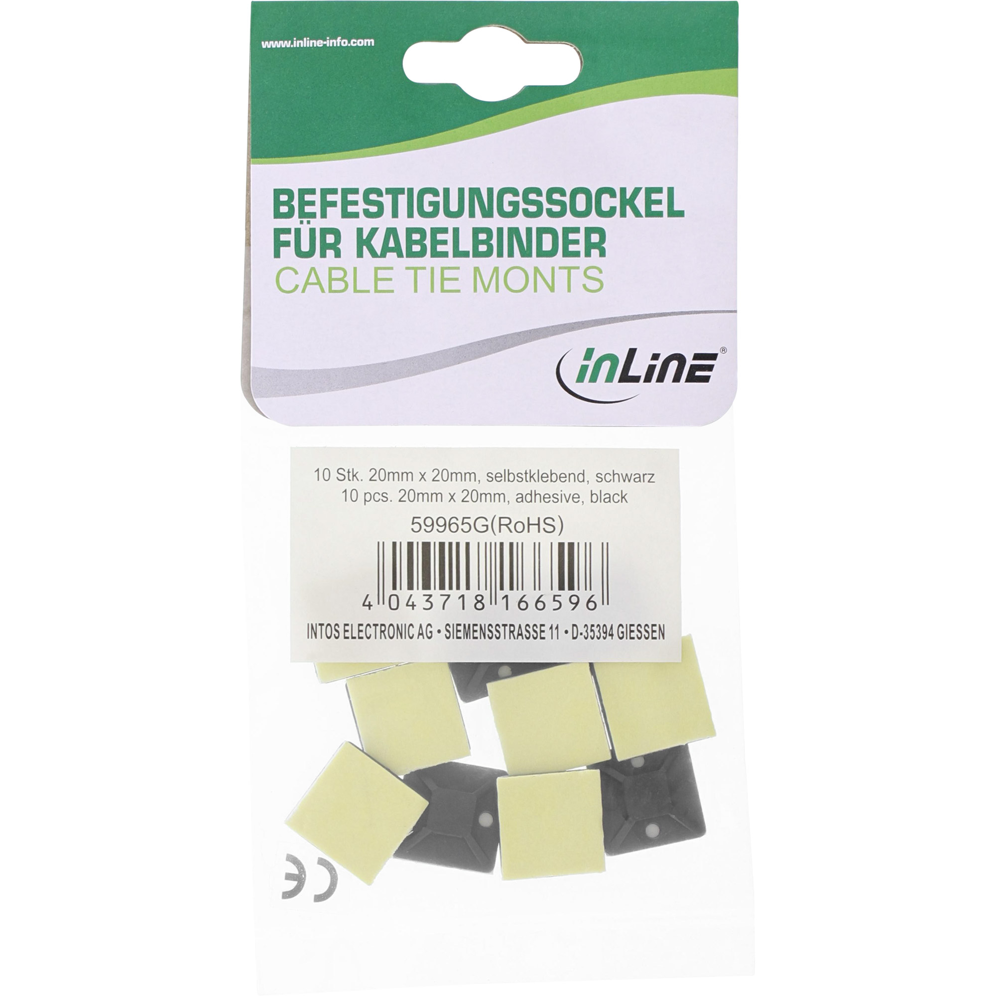 INLINE Befestigungssockel fuer Kabelbinder 20x20mm selbstklebend schwarz 10er