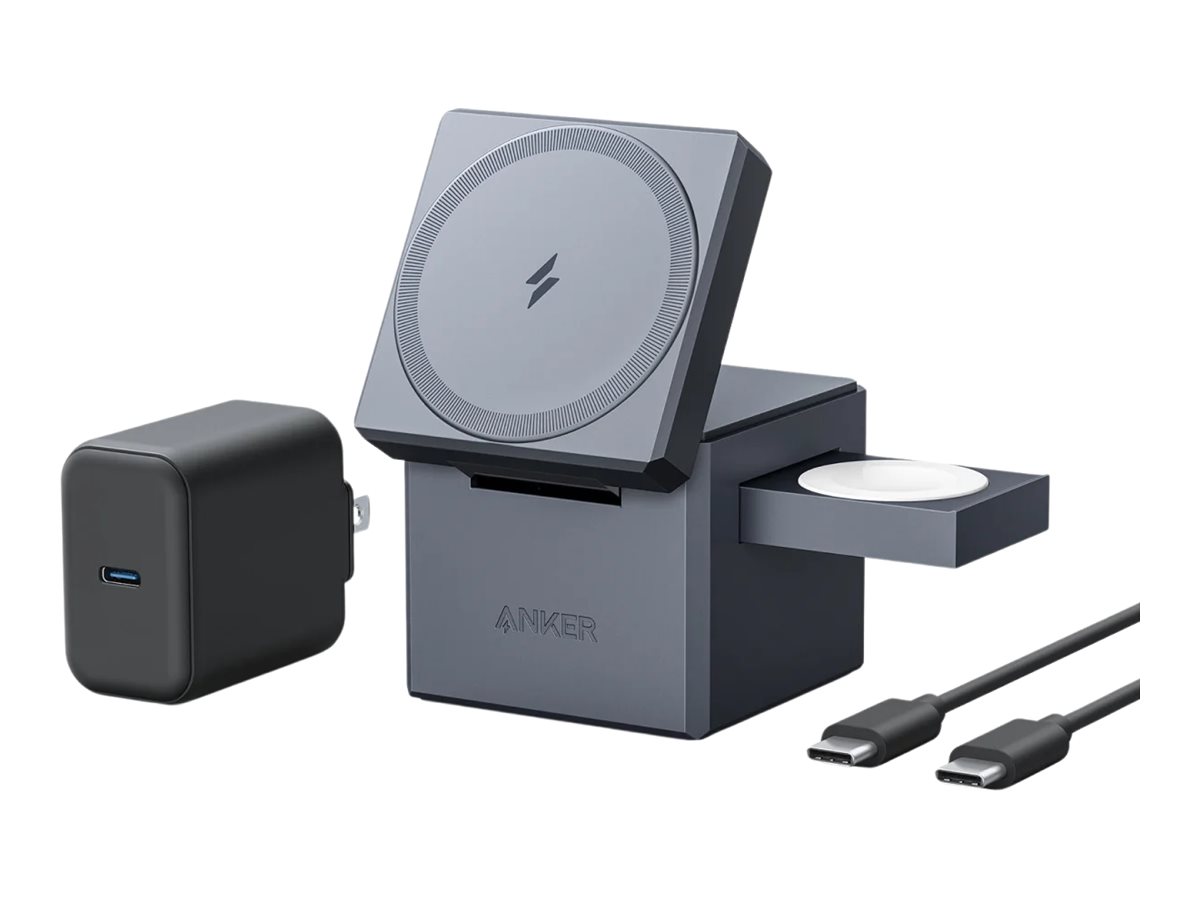 ANKER Charge Cube 3in1 Ladewuerfel 15W mit MagSafe AllinOne Ladeloesung fuer iPhone Apple Watch und AirPods grau