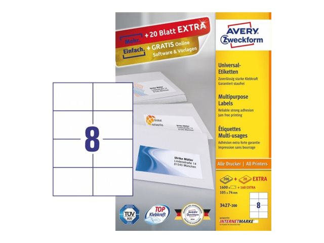 1.760 AVERY Zweckform Etiketten 3427-200 weiÃ 105,0 x 74,0 mm