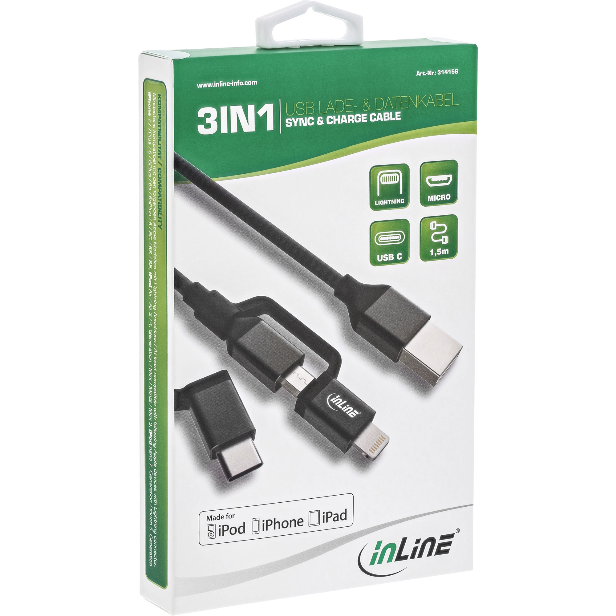 INLINE 3in1 USB Kabel A Stecker auf Micro-USB Typ-C und Lightning 1,5m schwarz