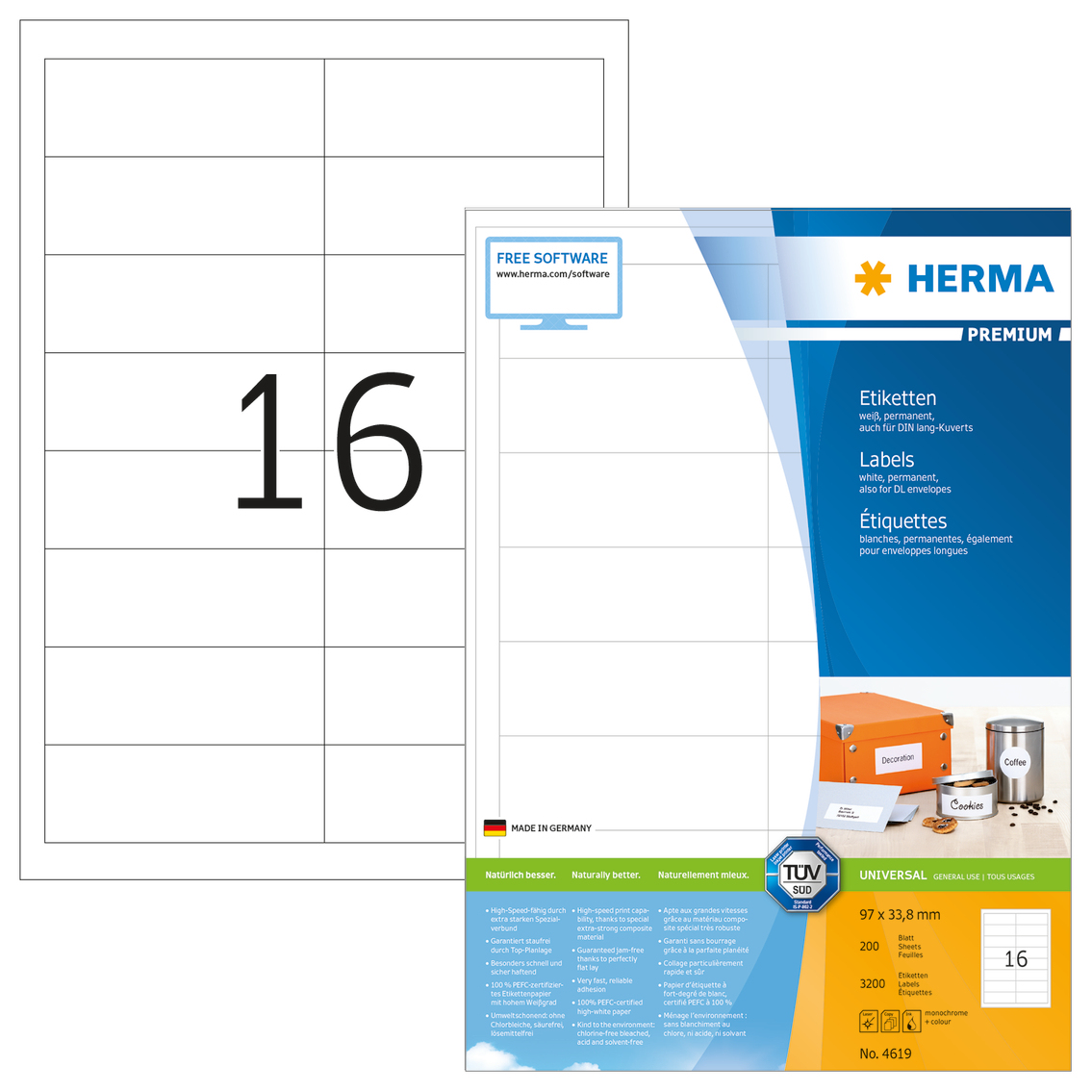 3.200 HERMA Etiketten 4619 weiss 97,0 x 33,8 mm