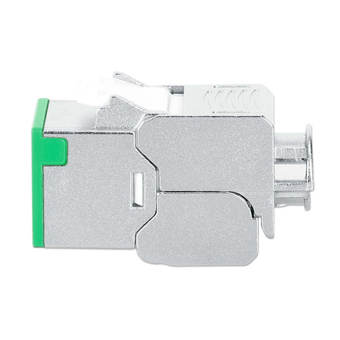 INTELLINET Cat6a 10G Slimline KeystoneModul STP werkzeuglos mit Rastclip für Massivdraht vergoldete Kontakte Metallgehäuse grün