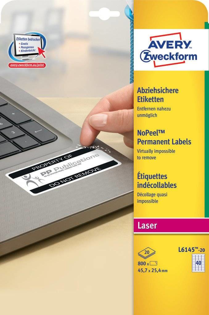 800 AVERY Zweckform abziehsichere Folienetiketten L6145-20 weiss 45,7 x 25,4 mm