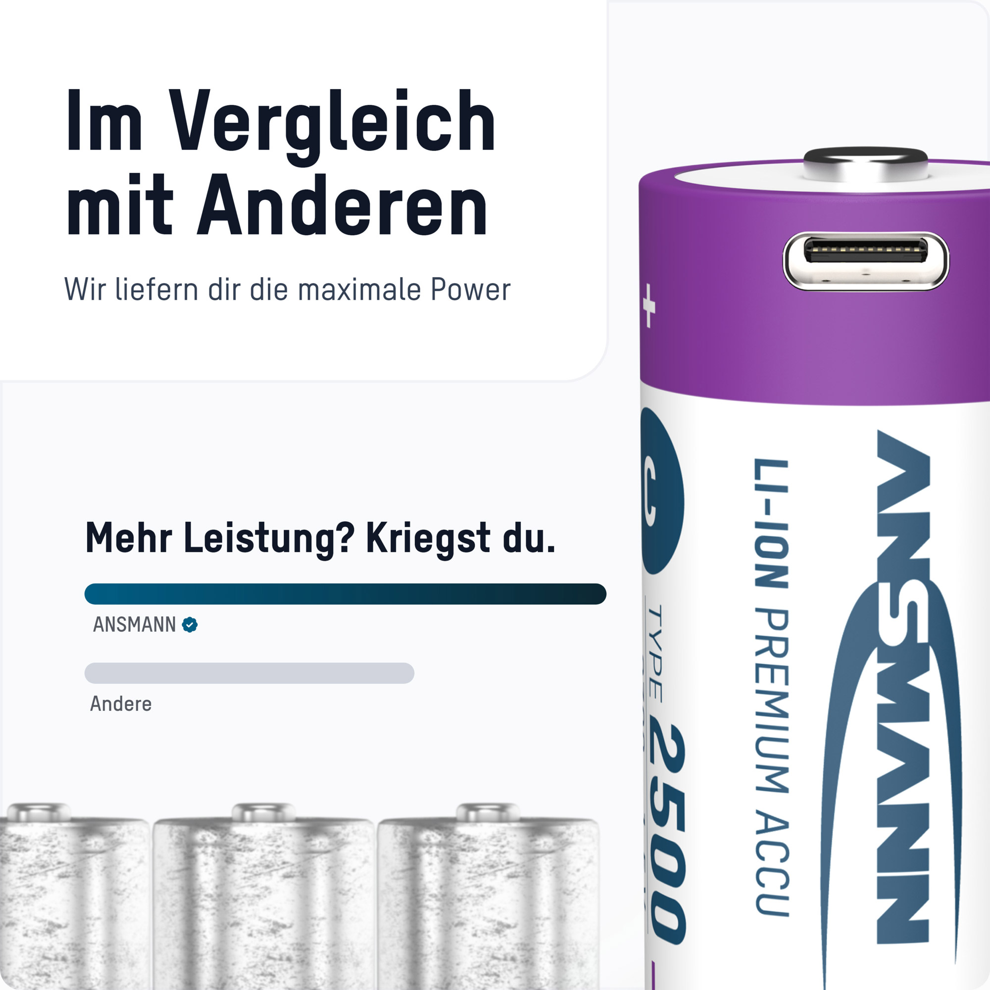 2 ANSMANN USB-Akkus mit Ladekabel 2500 Baby C 2.300 mAh