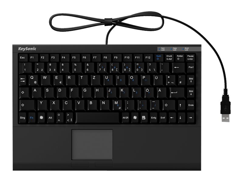 KEYSONIC ACK-540U+ Mini-Tastatur schwarz flacher Bauform Touchpad SoftTouch Funktionstasten USB Plug und Play (US)