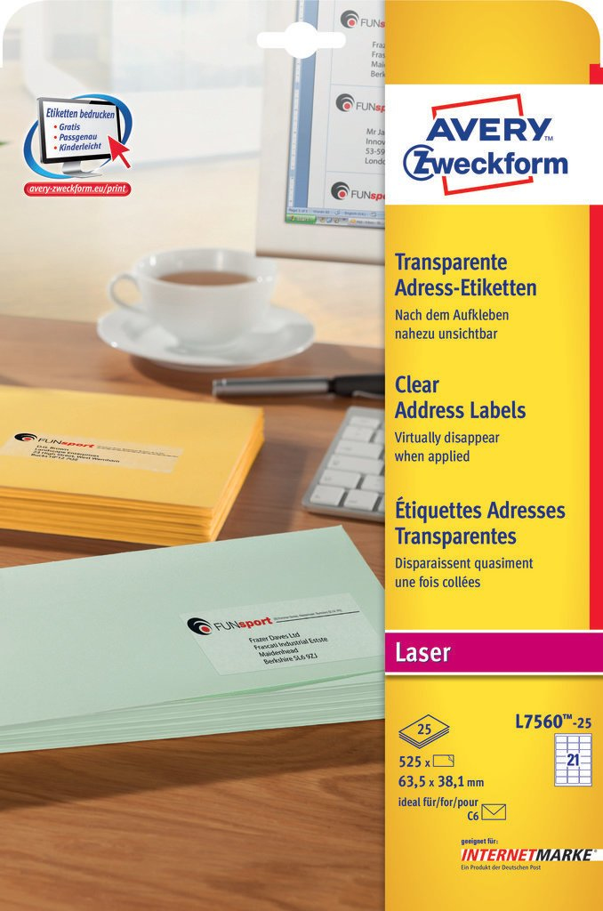 525 AVERY Zweckform Folien-Adressetiketten L7560-25 transparent 63,5 x 38,1 mm