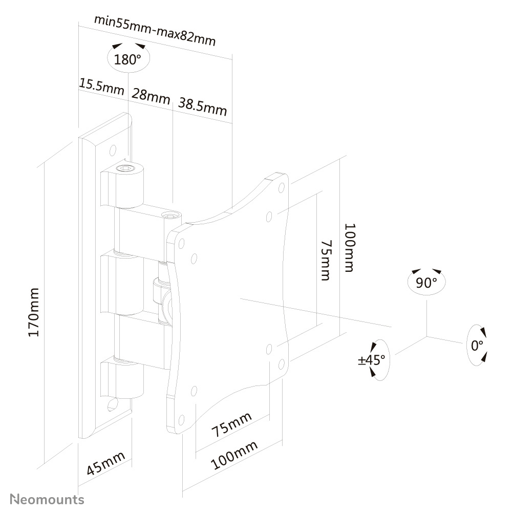 NEOMOUNTS Wall Mount für Flachbildschirme 25,460,96cm 2024Zoll neigbar 12kg 1 pivot schwarz