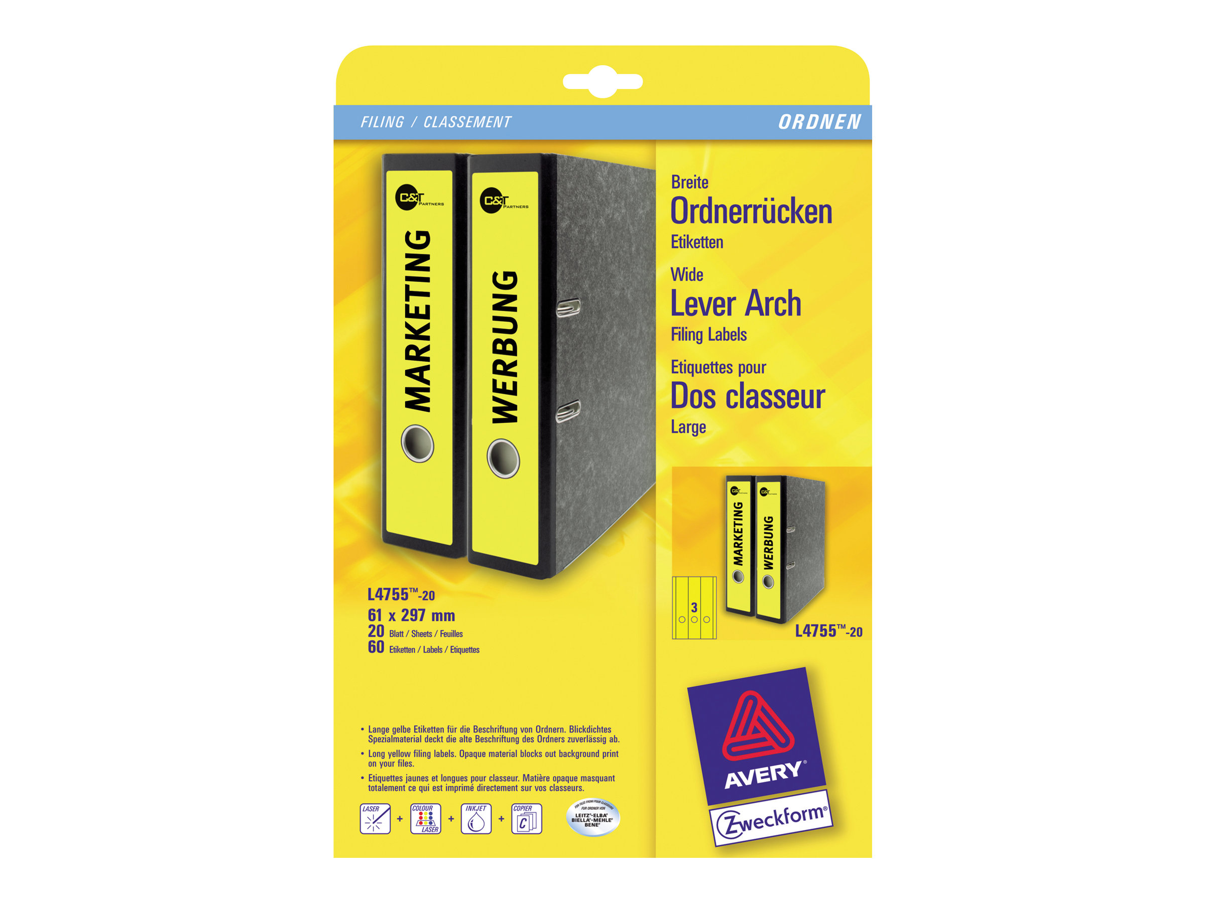 60 AVERY Zweckform Ordneretiketten L4755-20 gelb 60 AVERY Zweckform Ordneretiketten L4755-20 gelb