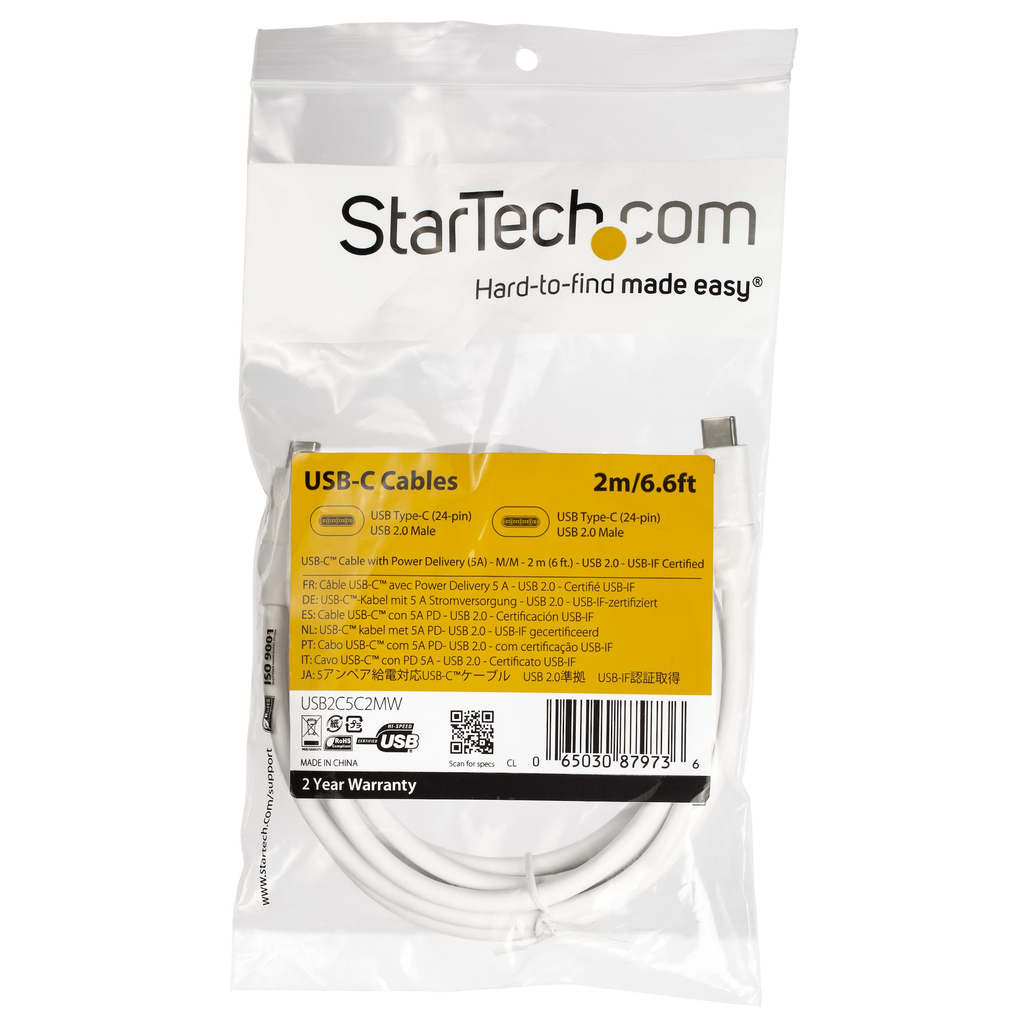 STARTECHCOM USBC auf USBC Kabel mit 5A Power Delivery StSt Weiss 2m USB 20 USBIF zertifiziert USB Typ C Kabel