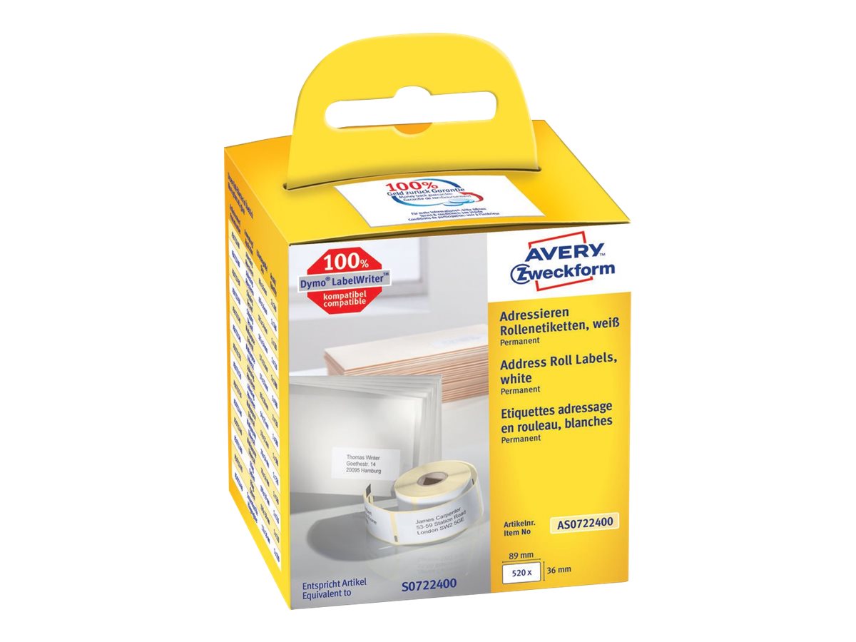 AVERY Zweckform Etikettenrollen fuer Etikettendrucker AS0722400 weiss, 89,0 x 36,0 mm, 2 x 260 Etiketten AVERY Zweckform Etikettenrollen fuer Etikettendrucker AS0722400 weiss, 89,0 x 36,0 mm, 2 x 260 Etiketten