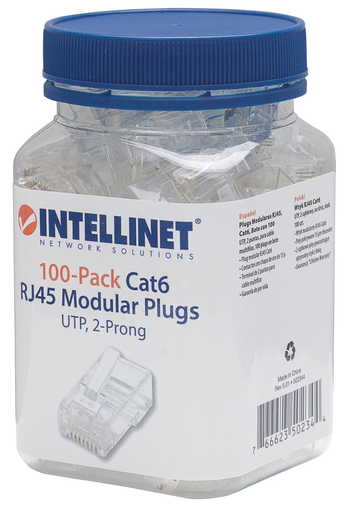 INTELLINET Cat6 RJ45 Modularstecker UTP 2PunktAderkontaktierung fuer Litzendraht 100 Stecker pro Becher Standard 8P8C Design