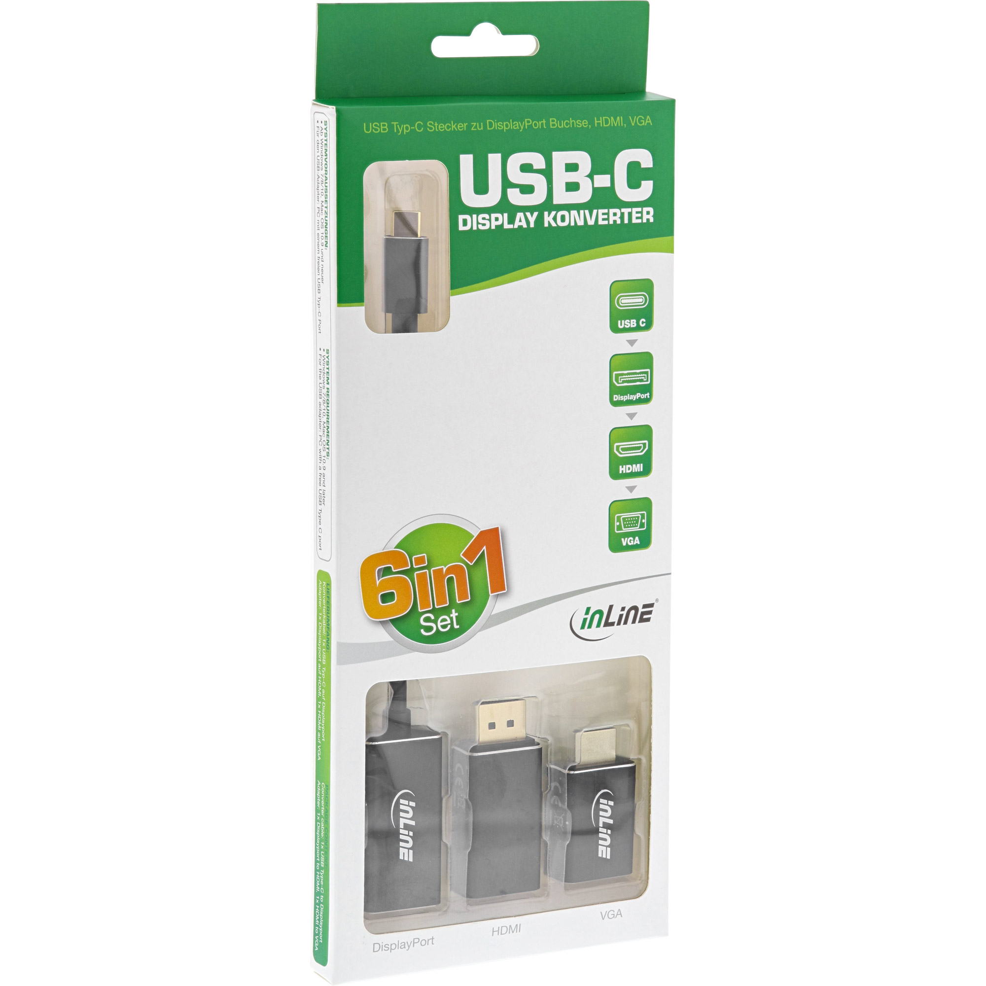 INLINE USB Display Konverter Set 6-in-1 USB Typ-C zu DisplayPort Buchse HDMI VGA DP Alt Mode 4K2K schwarz 0,2m