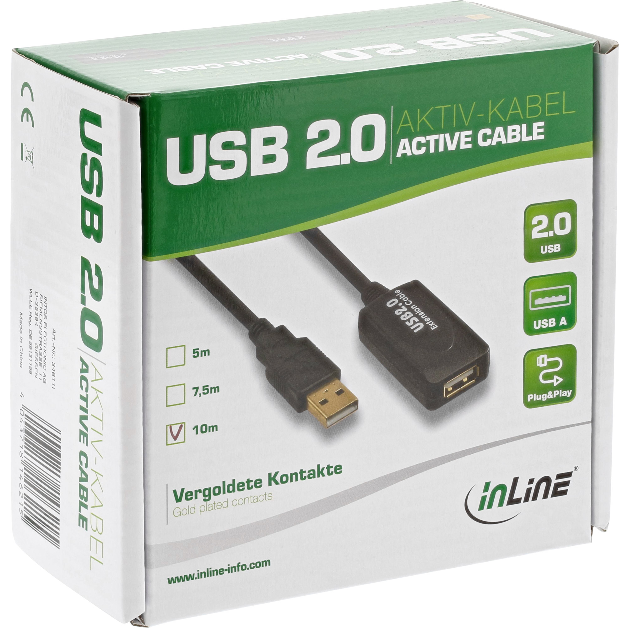 INLINE USB 20 AktivVerlaengerung 15m InLine mit Signalverstaerkung Repeater Stecker A an Buchse A 10m