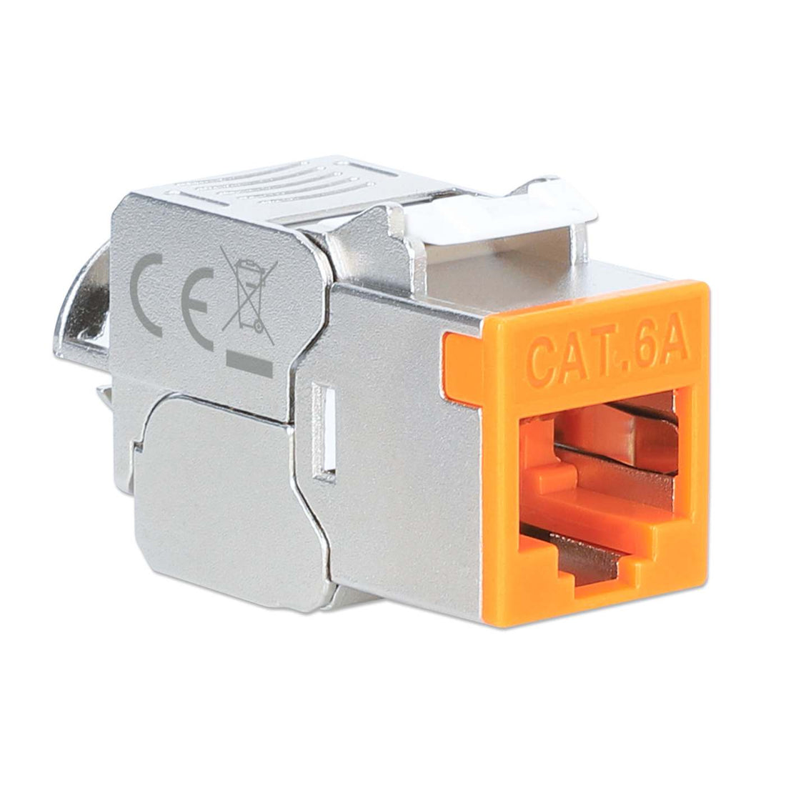 INTELLINET Cat6a 10G Slimline KeystoneModul STP werkzeuglos mit Rastclip für Massivdraht vergoldete Kontakte Metallgehäuse orange