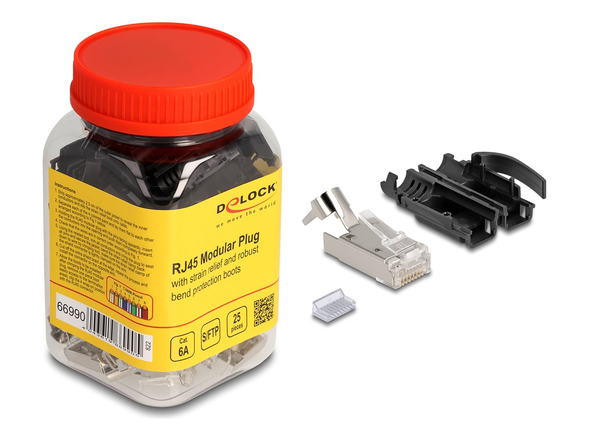 Delock RJ45 Modularer Stecker mit Zugentlastung Cat6A und robuster Knickschutzt