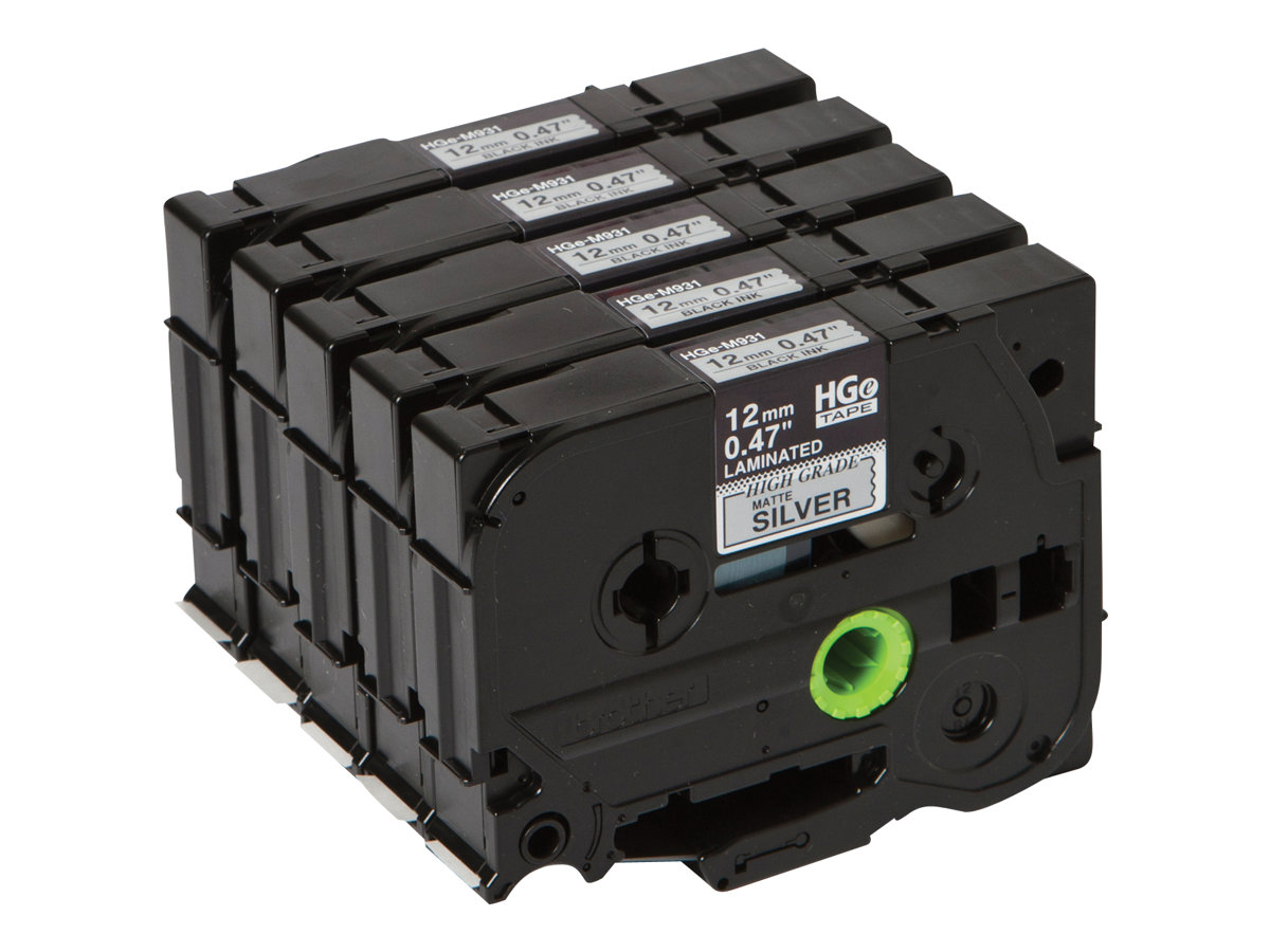 BROTHER HGEM931V5 5x tape cassette 12mmx8m silber matt black laminate for Ptouch P500PC 9700PC 9800PCN RL700S PK OF 5