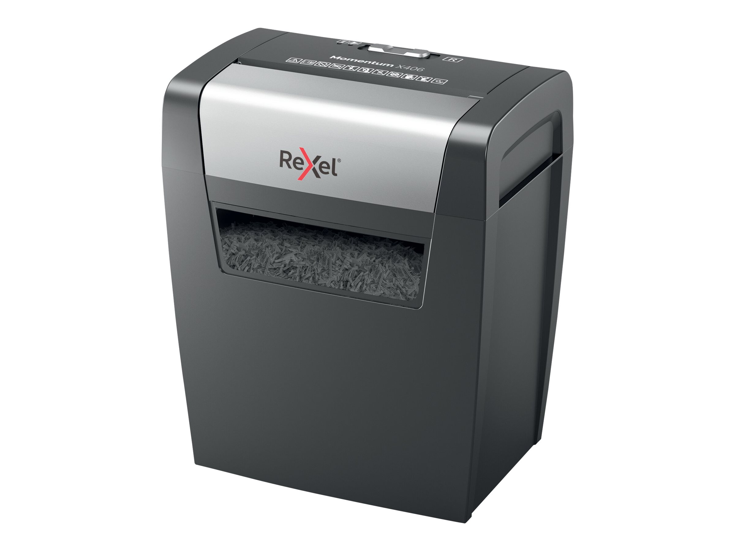 Rexel Momentum X406 Aktenvernichter mit Partikelschnitt P-4, 4 x 28 mm, bis 6 Blatt, schwarz Rexel Momentum X406 Aktenvernichter mit Partikelschnitt P-4, 4 x 28 mm, bis 6 Blatt, schwarz