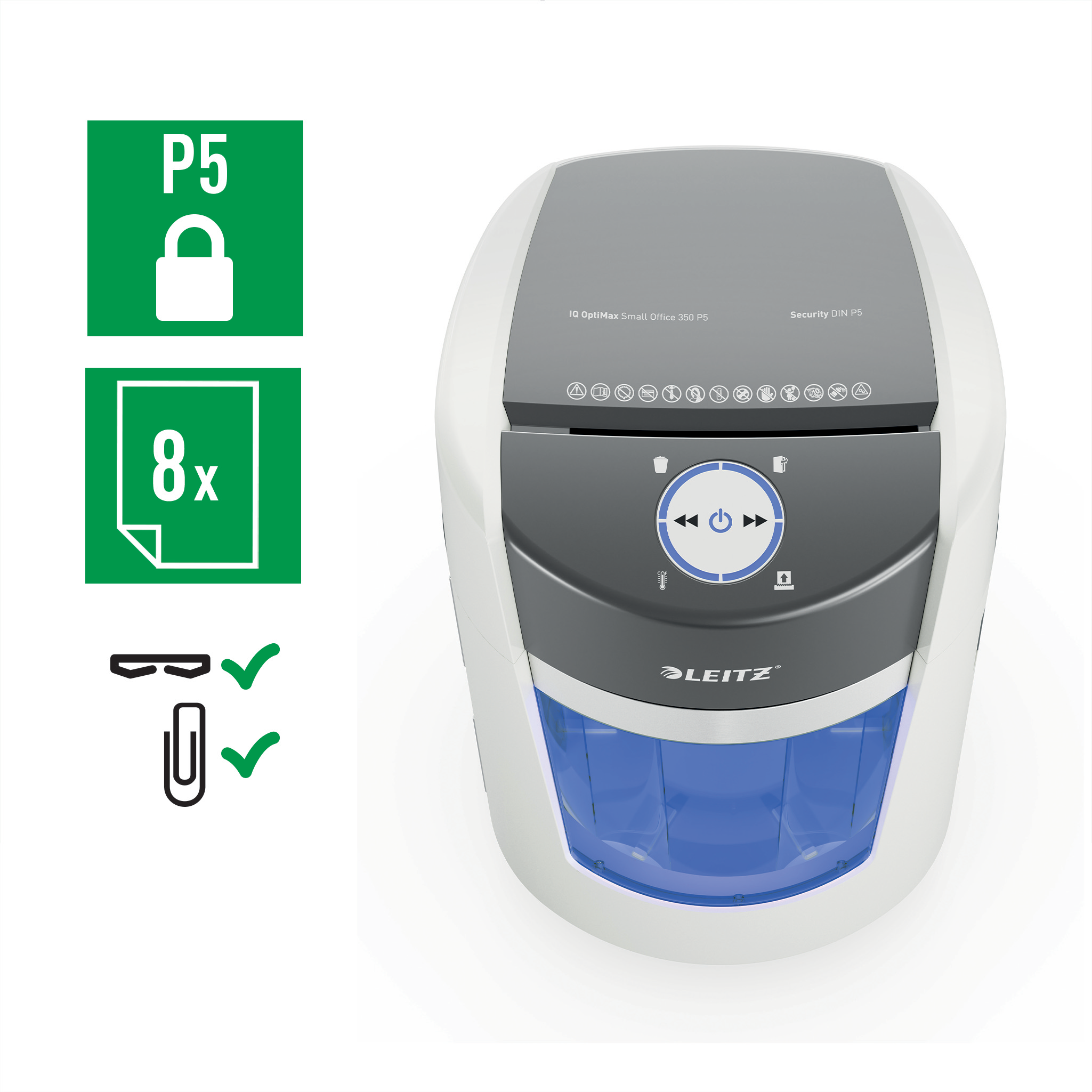 Esselte Leitz IQ OptiMax Small Office 350 Partikelschnitt P-5 bis 8 Blatt Weiß