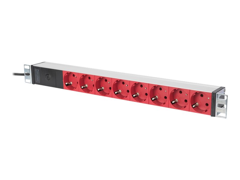 DIGITUS 1U Aluminium PDU 10A Plug 250VAC 5060Hz 8x rote CEE 77 Abgriffe Vorsicherung IEC C14 Zuleitung