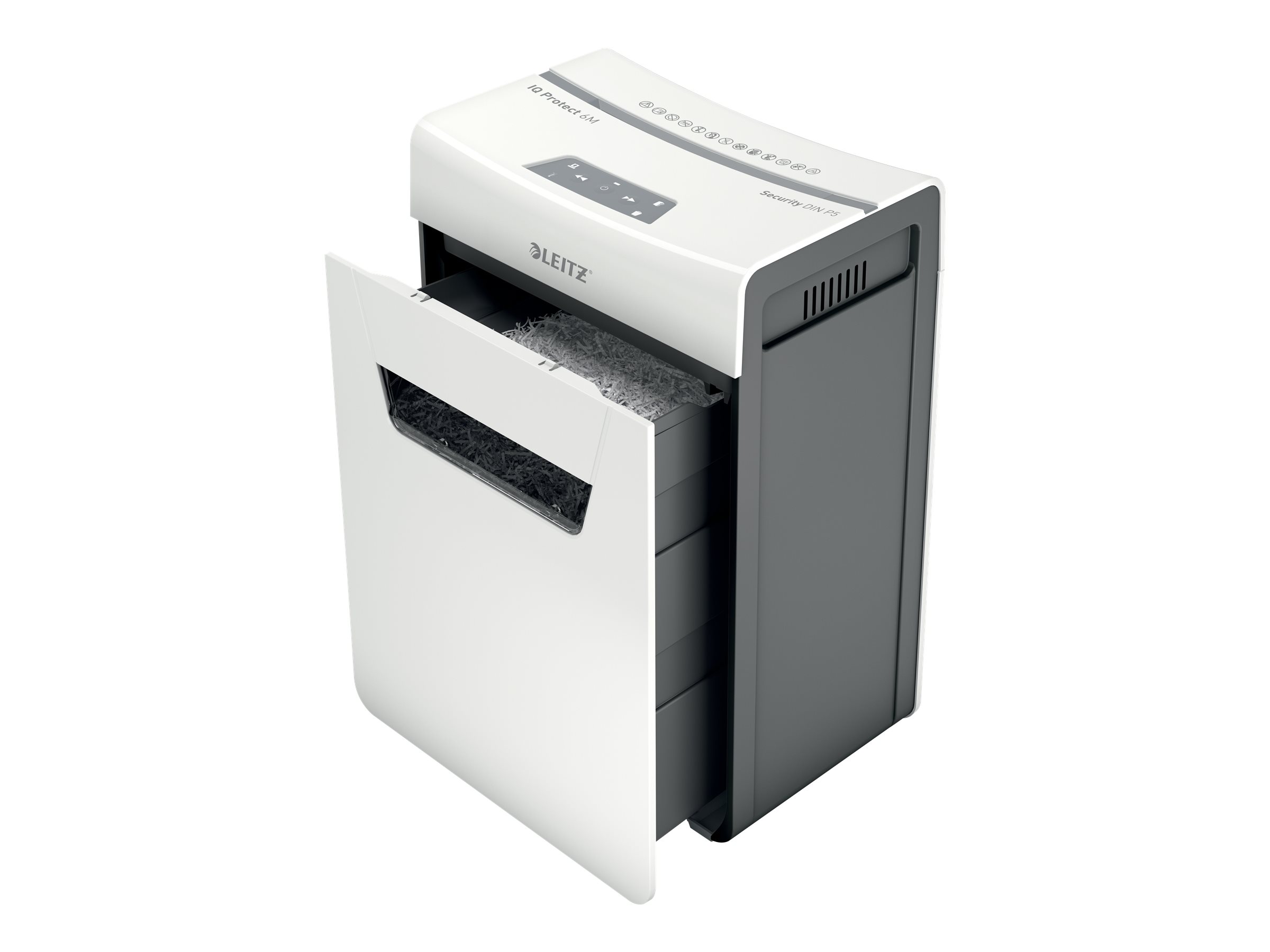 LEITZ IQ 6M Protect Premium Aktenvernichter mit Partikelschnitt P-5, 2 x 15 mm, bis 6 Blatt, weiss